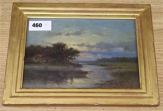 A. Heath, oil on panel, punt in a landscape at sunset, signed, 17 x 25in.